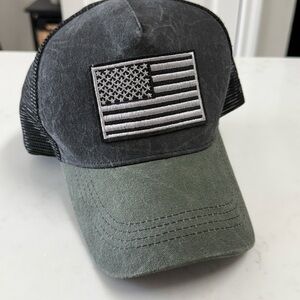 Two-Tone Black and Olive Mesh Trucker Hat with Flag Patch